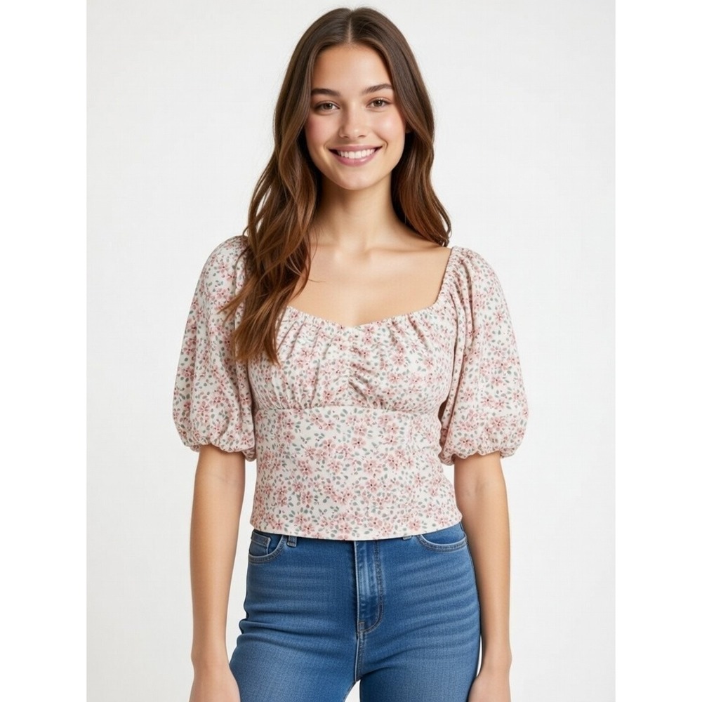 Lush Cropped Cropped Top Large‎ Boho Coquette Milkmaid Babydoll Ivory Floral